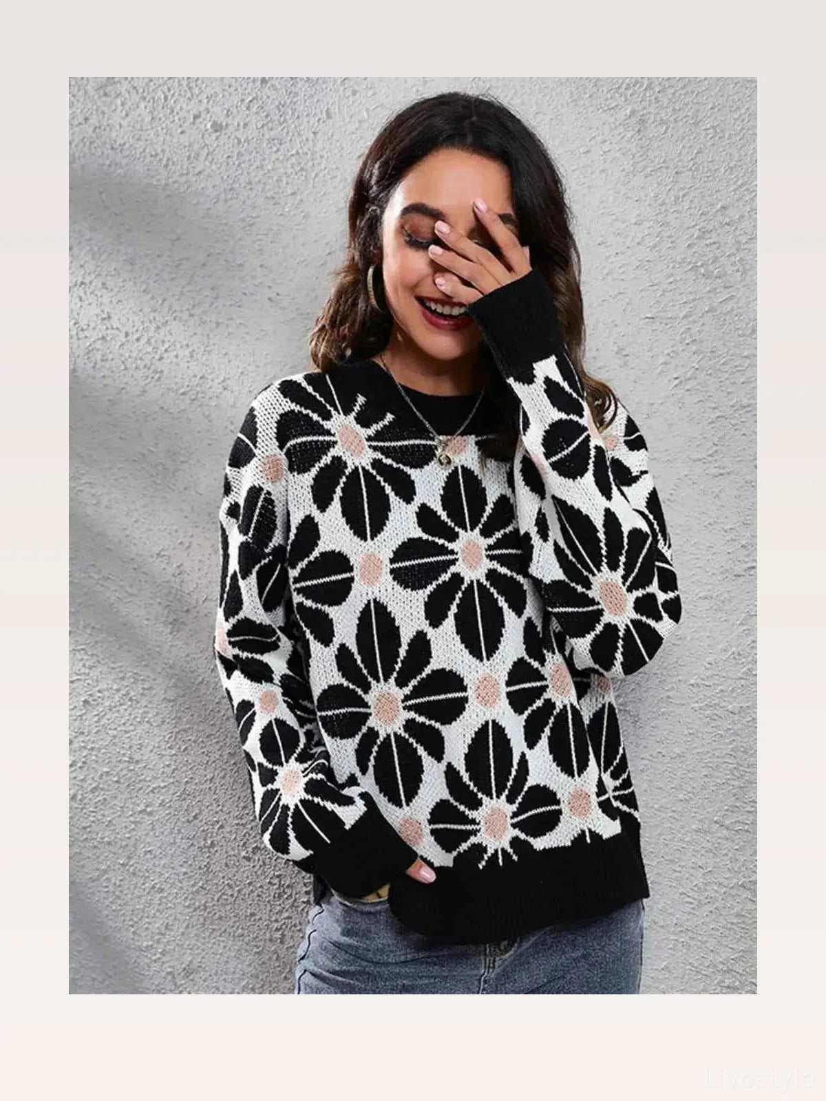 Floral Round Neck Long Sleeve Sweater — styled showcase — Livostyle