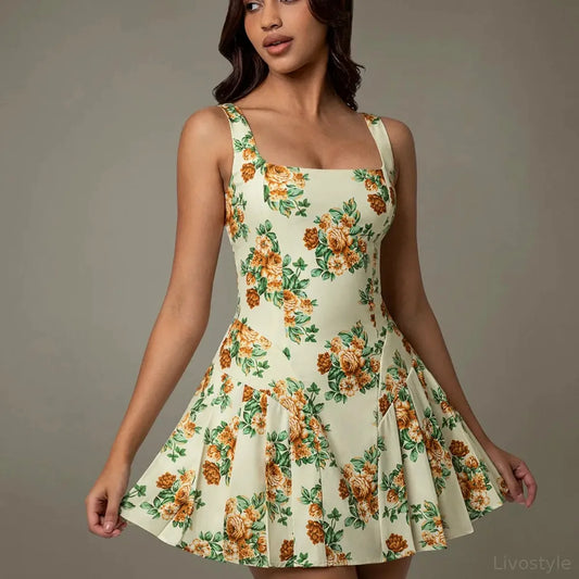 Elegant Floral Print Pleated Mini Dress with Stretch — square view — Livostyle