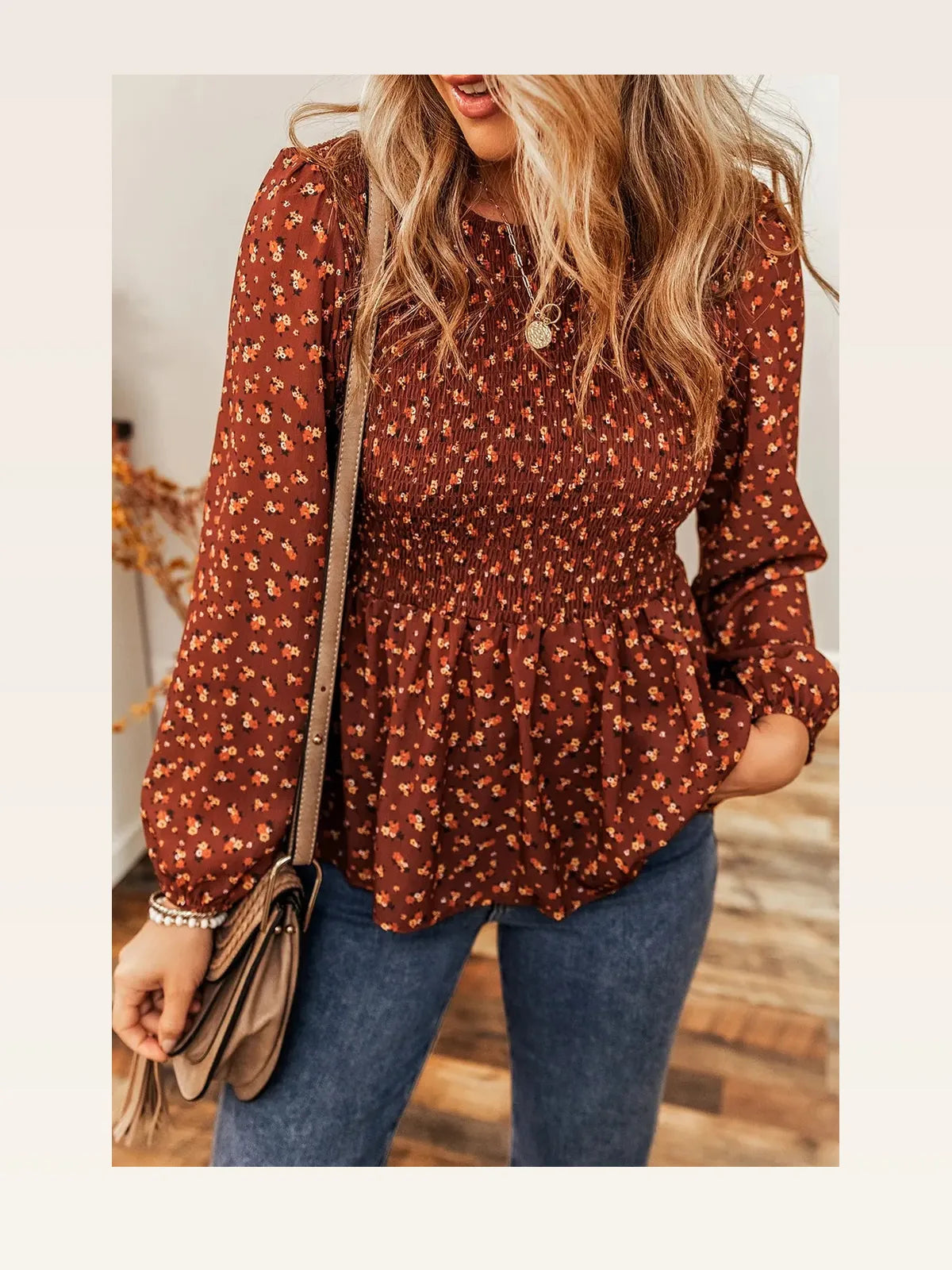 Elegant Floral Long Sleeve Blouse with Smocked Ruffled Hem — styled showcase — Livostyle