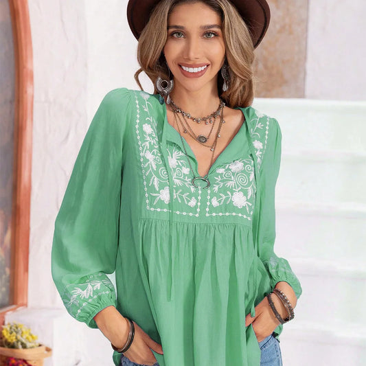 Elegant Floral Blouse with Tie Neck & Balloon Sleeves — square view — Livostyle