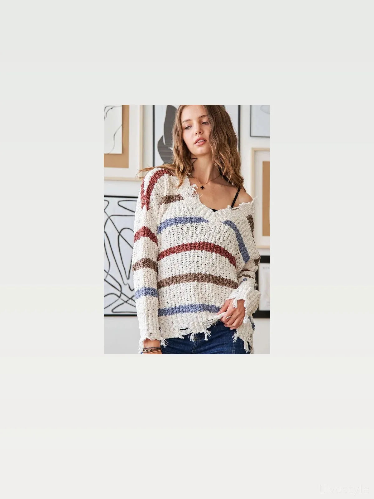 Chic Striped Sweater with Unique Frayed Edges — styled showcase — Livostyle
