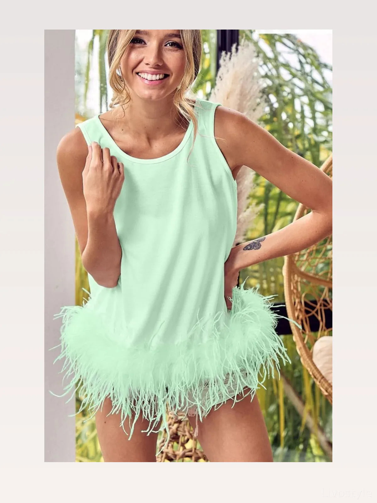 Stylish French Terry Top with Faux Feather Detail & Back Tie — styled showcase — Livostyle