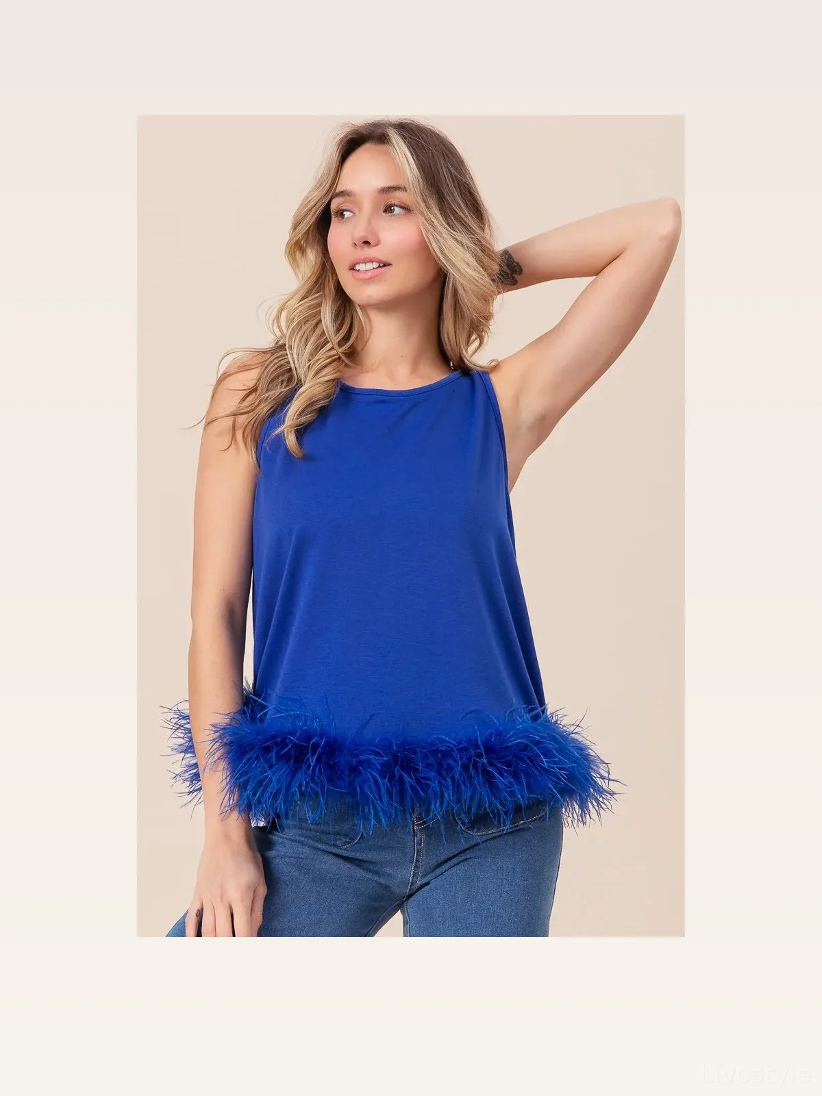Stylish French Terry Top with Faux Feather Accents — styled showcase — Livostyle