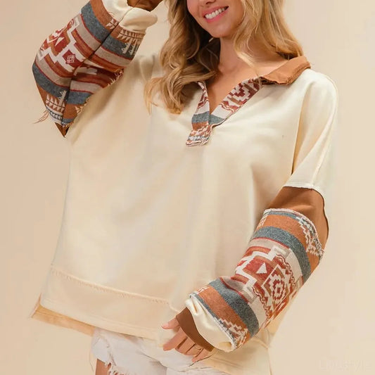 French Terry & Aztec Print Mixed Top – Chic & Cozy — square view — Livostyle