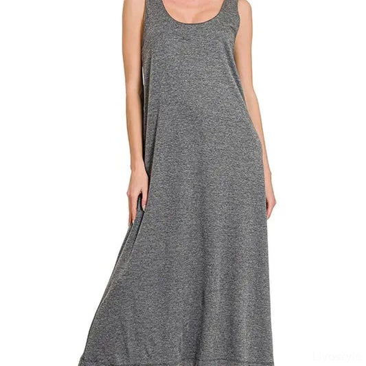 French Terry Twisted Strap Midi Dress in BLACK — square view — Livostyle