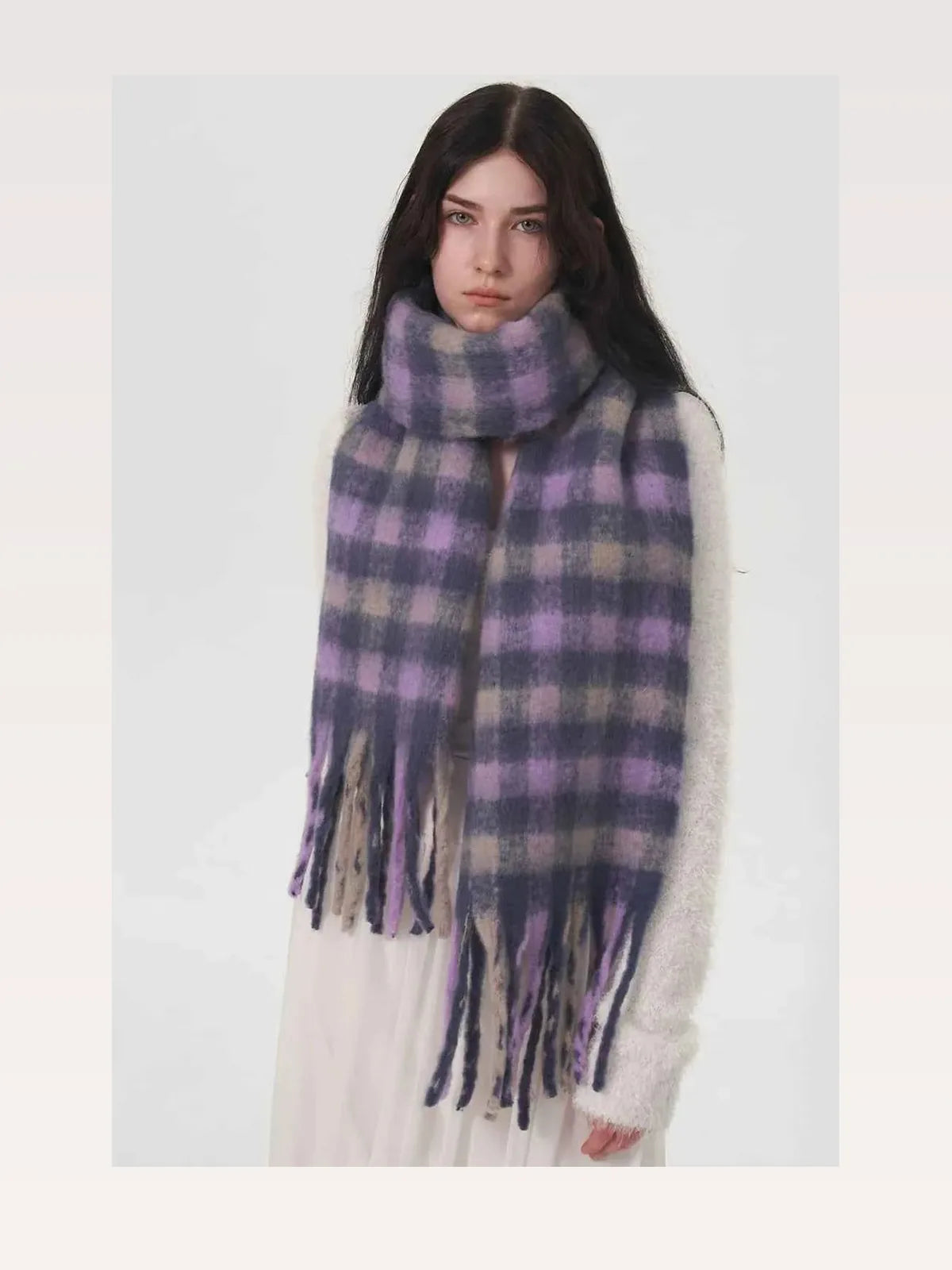Lilac Fringed Plaid Polyester Scarf — styled showcase — Livostyle