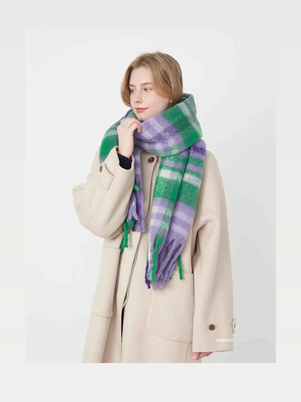 Green Plaid Fringe Polyester Scarf — styled showcase — Livostyle