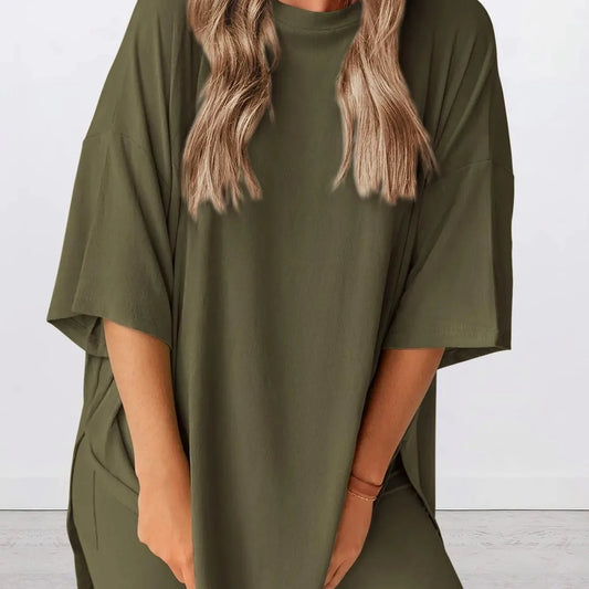 Oversized Slit Round Neck Top and Shorts Lounge Set — square view — Livostyle