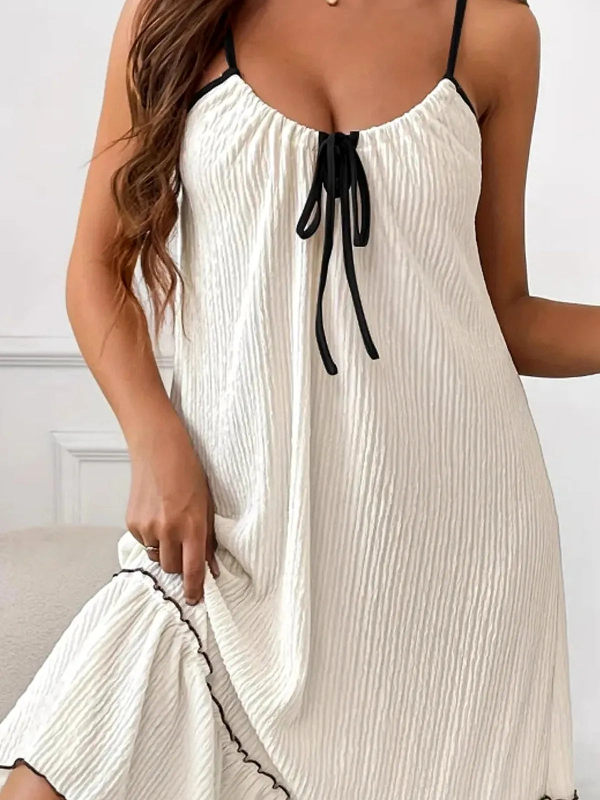 Tiered Ruffled Lounge Dress with Contrast Trim — detail view — Livostyle
