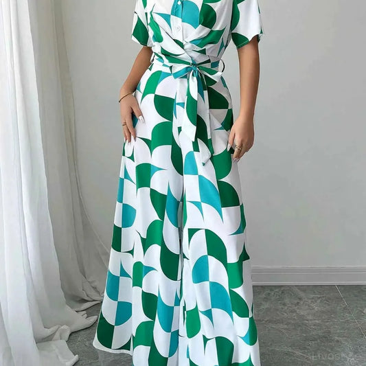 Geometric Print Belted Wide Leg Jumpsuit — square view — Livostyle