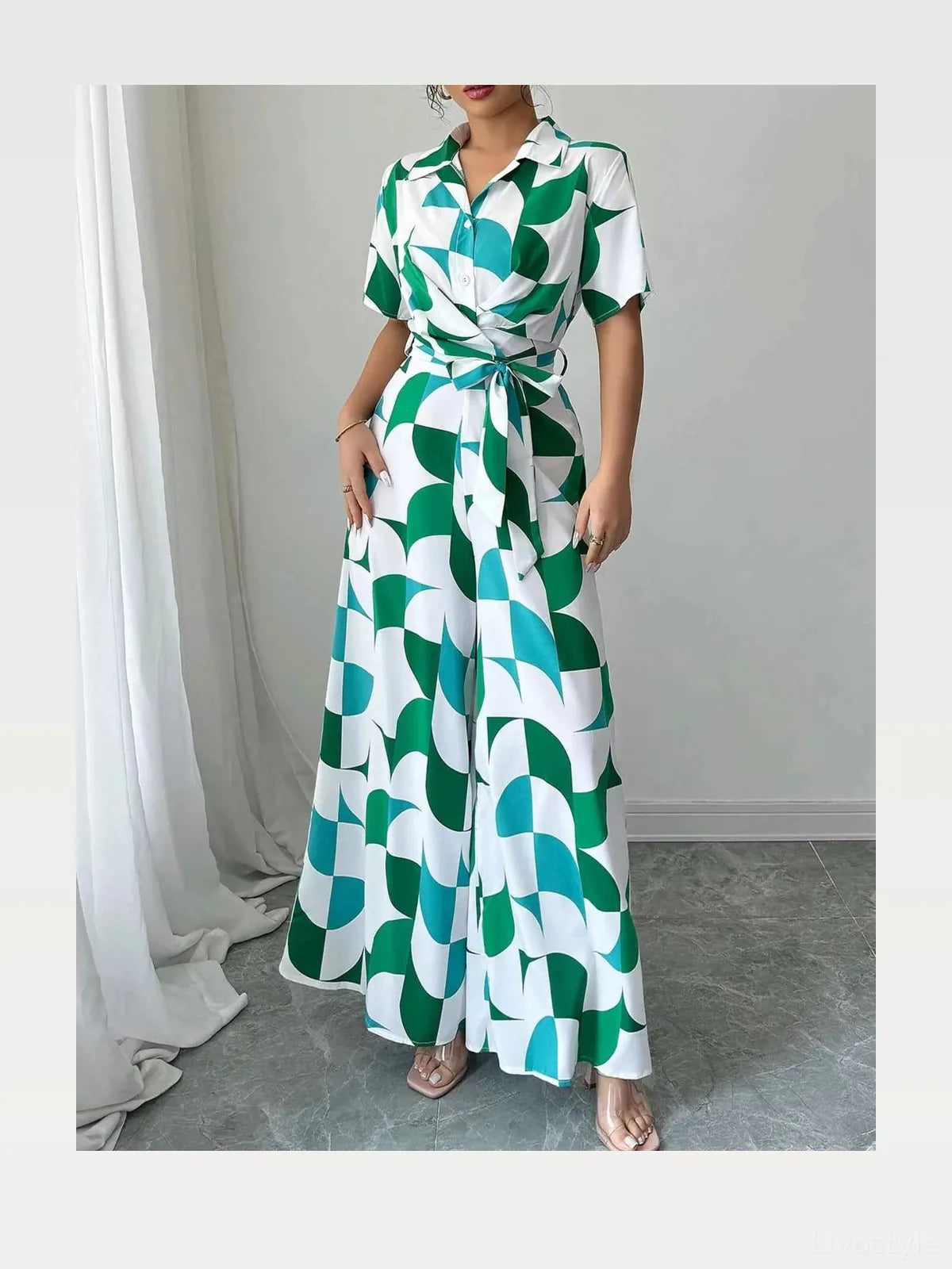 Geometric Print Belted Wide Leg Jumpsuit — styled showcase — Livostyle