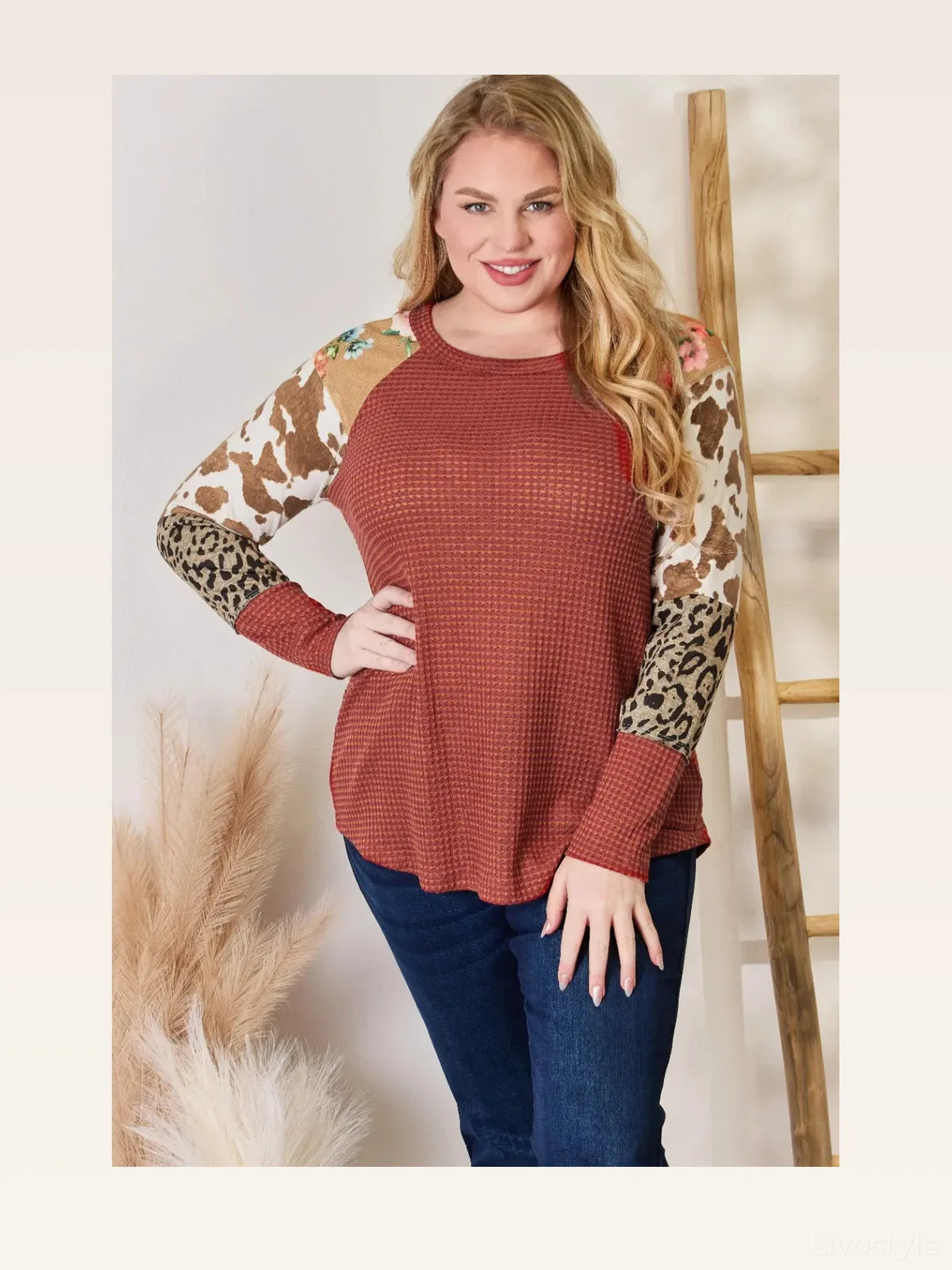 Chic Leopard Print Waffle-Knit Blouse — styled showcase — Livostyle
