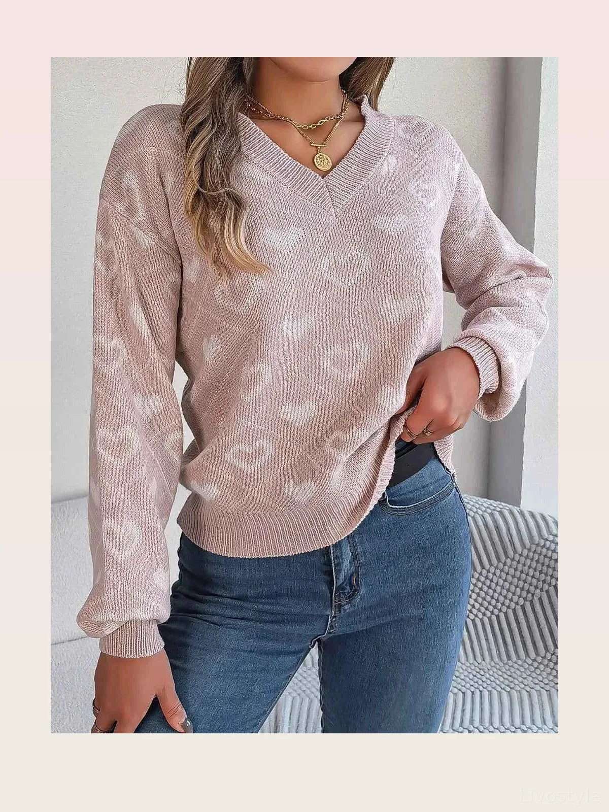 Heart Pattern V-Neck Long Sleeve Sweater — styled showcase — Livostyle