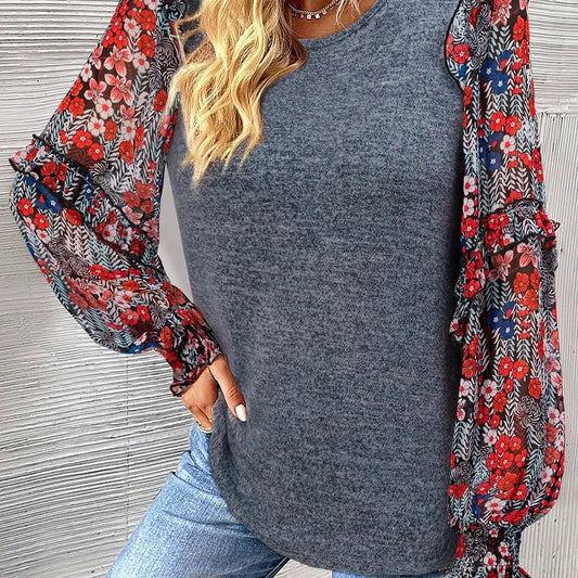 Chic Floral Lantern Sleeve Blouse with Frill Detail — square view — Livostyle