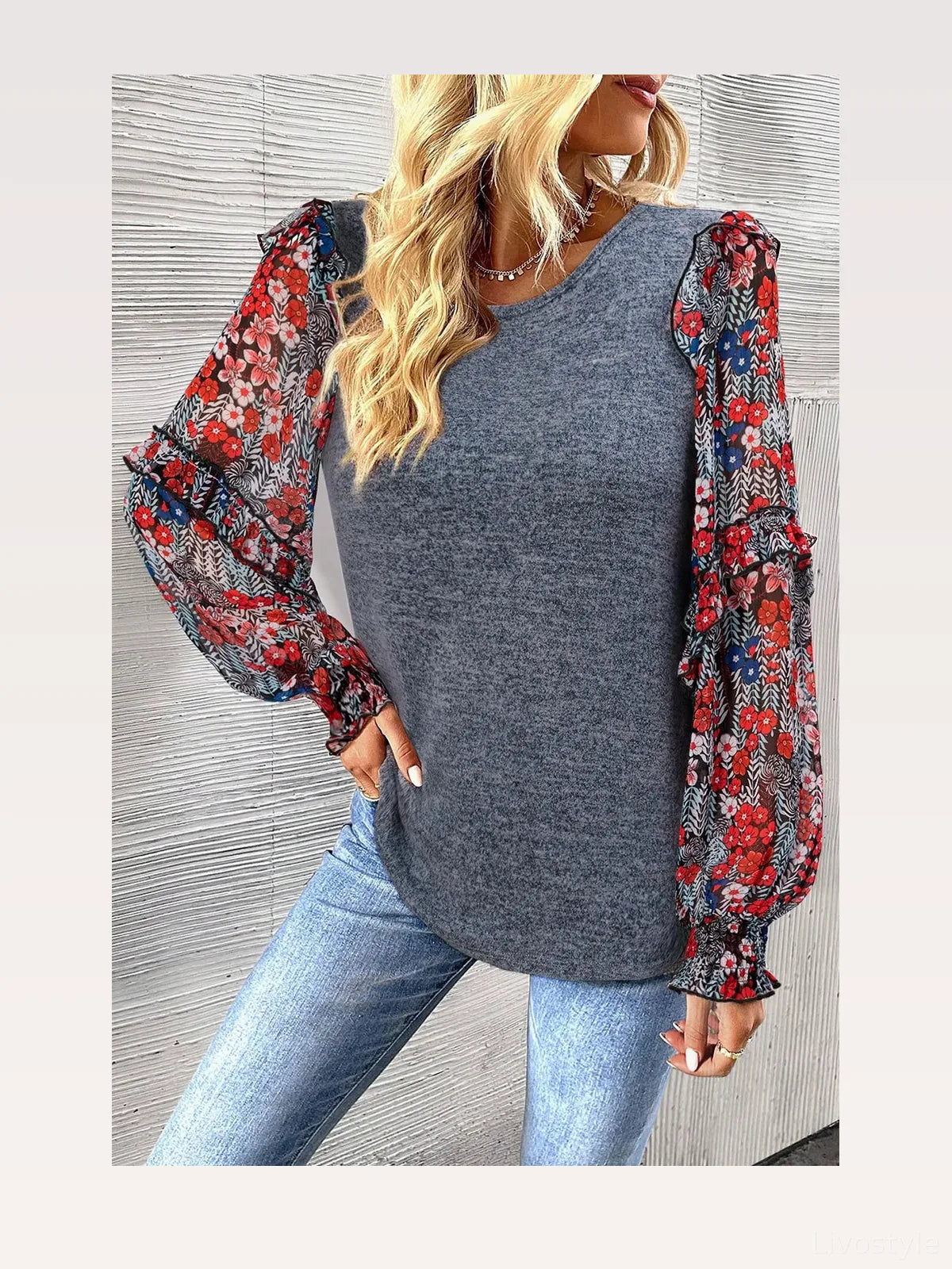 Chic Floral Lantern Sleeve Blouse with Frill Detail — styled showcase — Livostyle