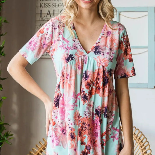Floral Babydoll Blouse: V-Neck, Short Sleeve — square view — Livostyle