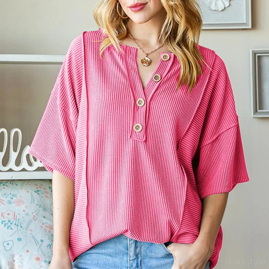Stylish Ribbed Drop Shoulder Top with Half Button Detail — square view — Livostyle