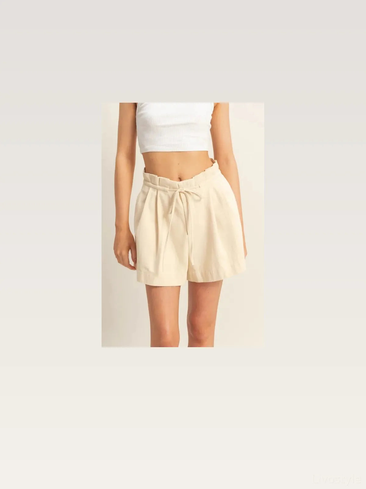 High-Waisted Washed Twill Paperbag Shorts — styled showcase — Livostyle