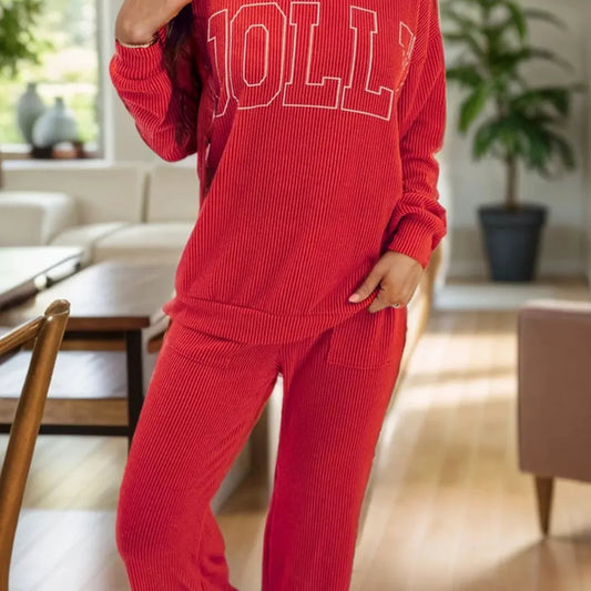 JOLLY Round Neck Long Sleeve Top and Pants Lounge Set — square view — Livostyle
