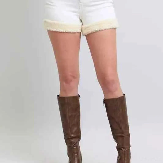 High Waist Shearling Cuff Denim Shorts — square view — Livostyle