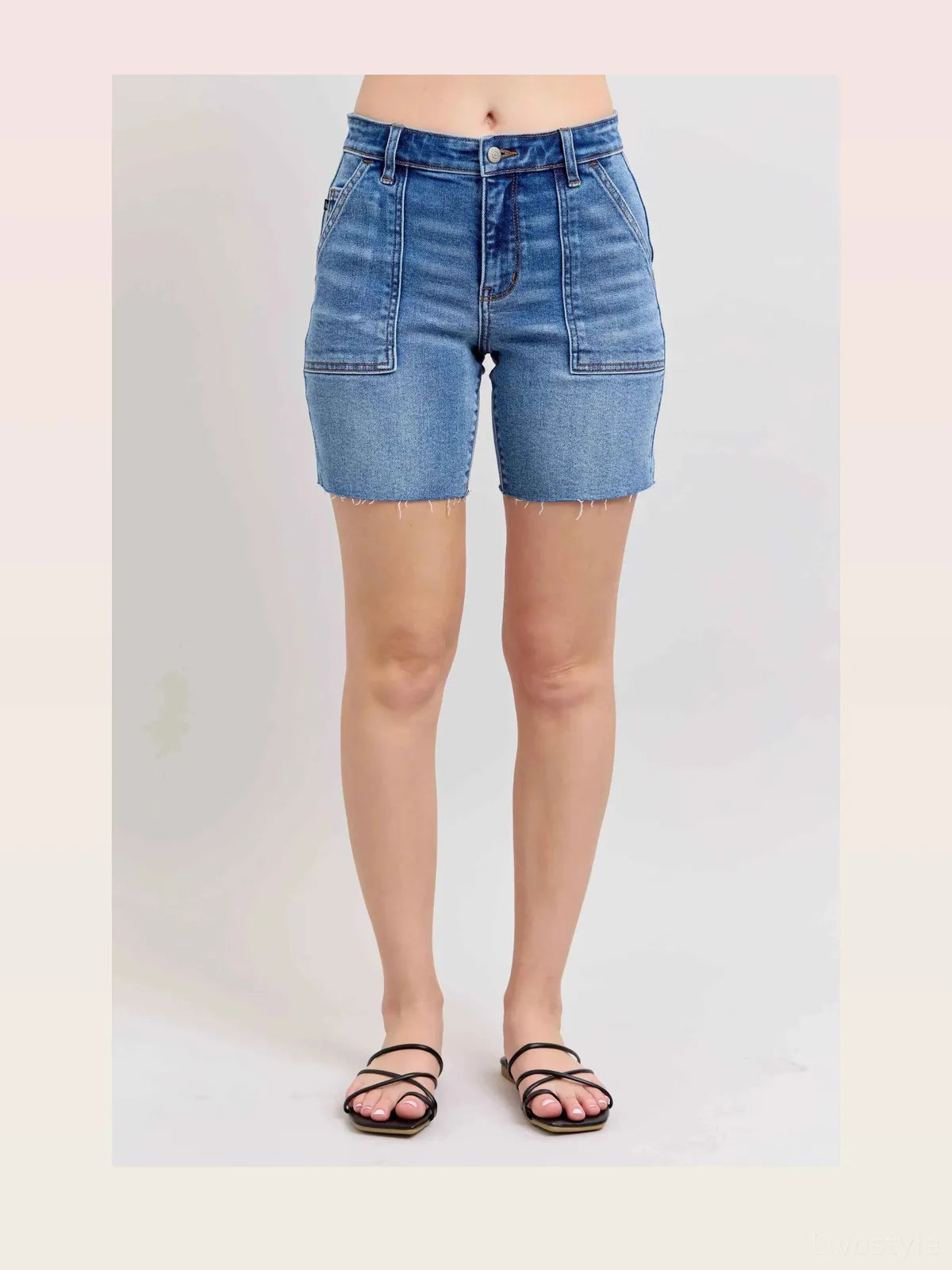 Mid Rise Bermudas Denim Shorts W/ Back Flap Pockets — styled showcase — Livostyle