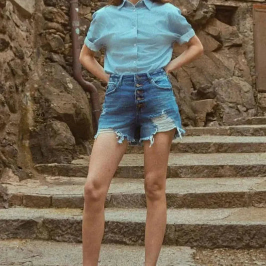 Distressed Button-Fly High Waist Denim Shorts — square view — Livostyle