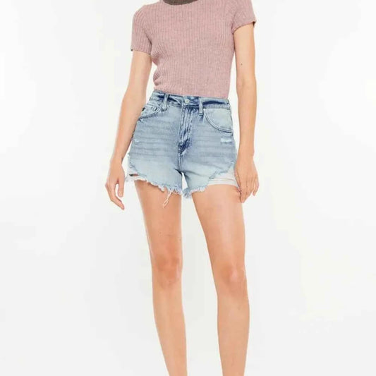 Distressed High Waist Denim Shorts with Pockets