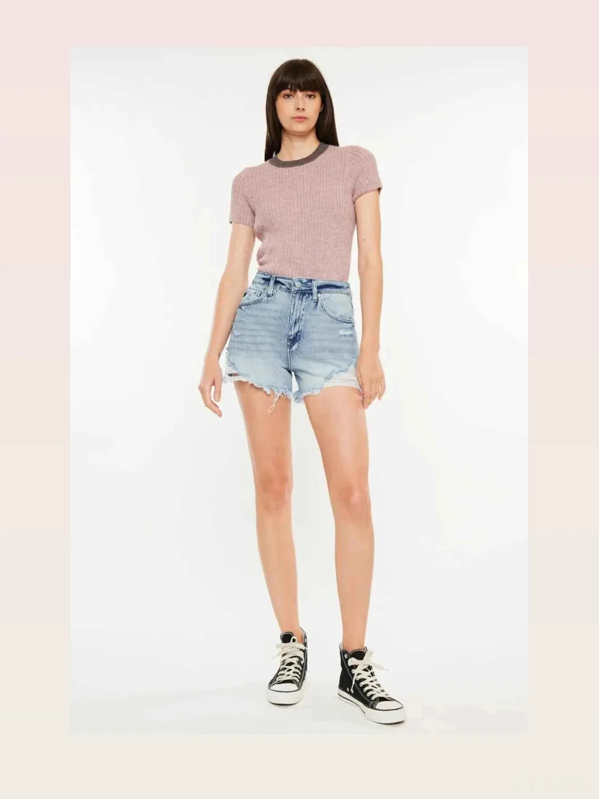 Distressed High Waist Denim Shorts with Pockets – photo 3