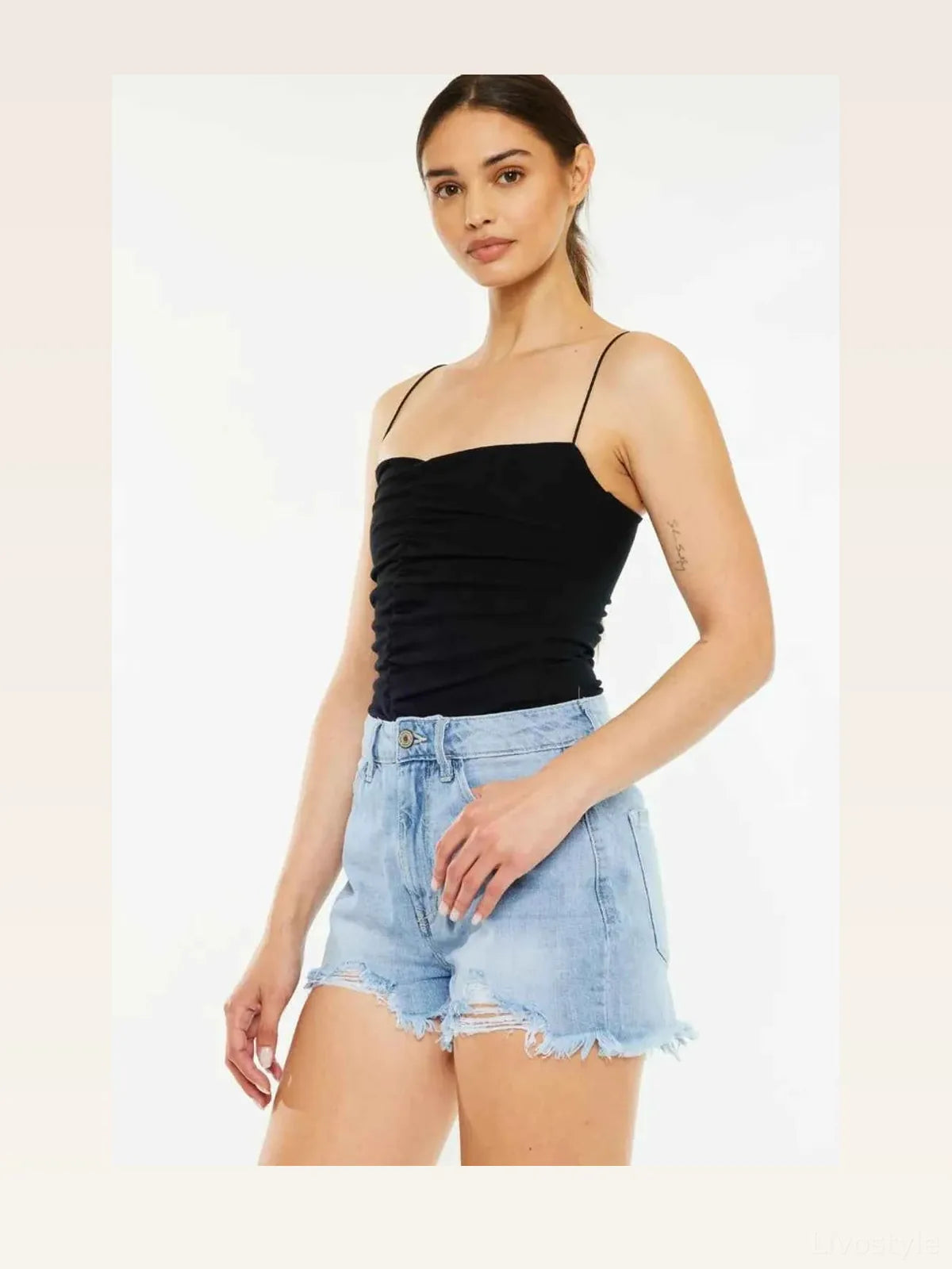 Raw Hem Distressed High Waist Denim Shorts — styled showcase — Livostyle