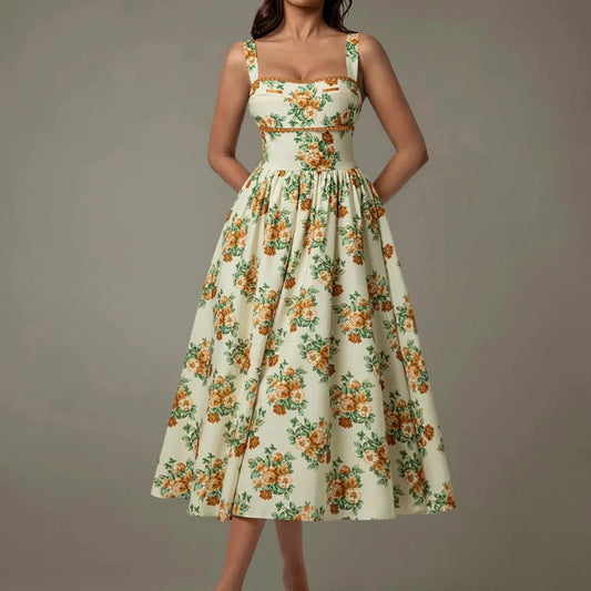 Elegant Floral Midi Dress with Lace Trim & Ruched Detail — square view — Livostyle