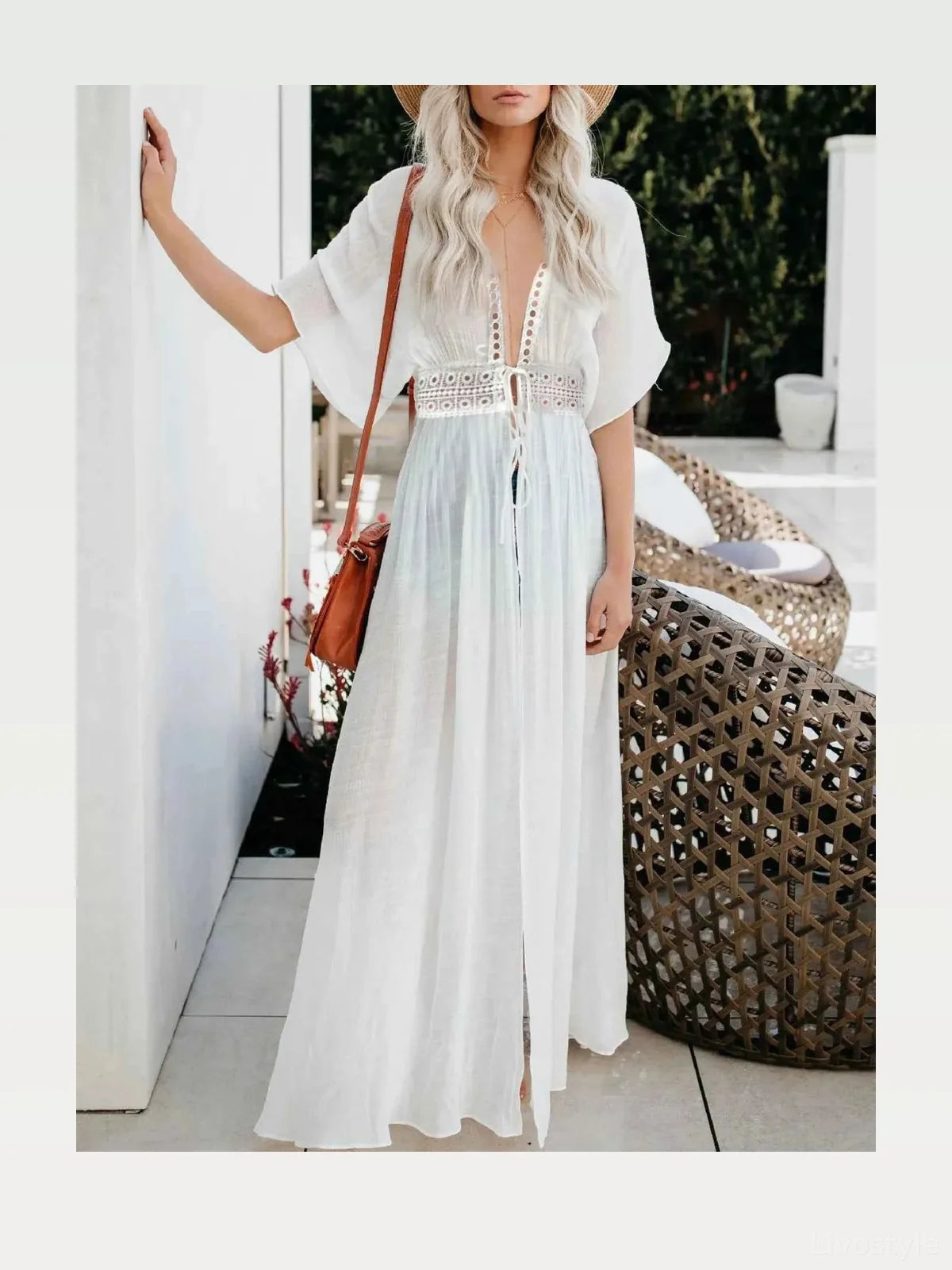 Lace Trim Plunging Beach Cover Up Maxi Dress — styled showcase — Livostyle