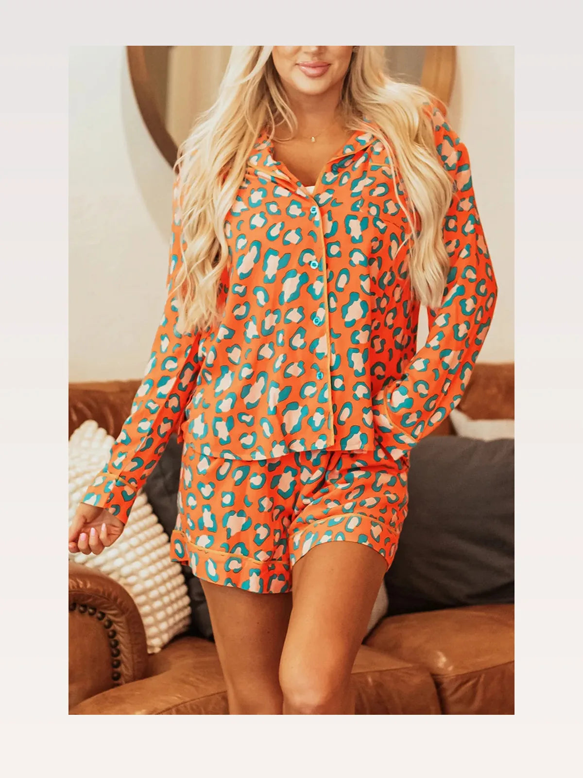 Leopard Collared Neck Long Sleeve Top and Shorts Lounge Set — styled showcase — Livostyle