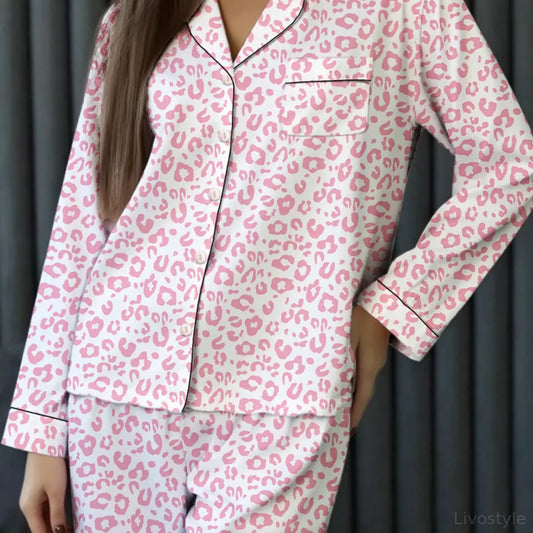 Leopard Print Button Up Top and Pants 2cps Pajama Set — square view — Livostyle