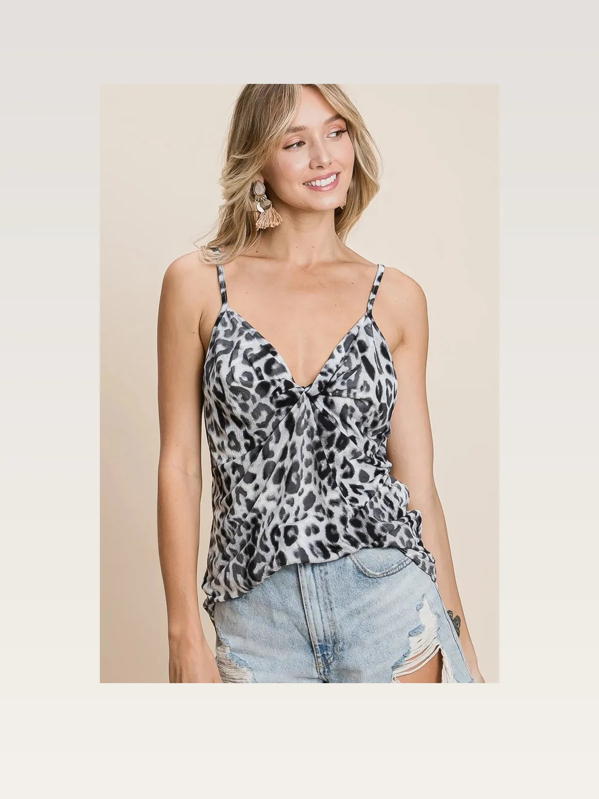 Stylish Leopard Print Twist Front Cami in Lightweight Gauze — styled showcase — Livostyle