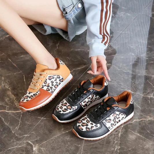 Stylish Leopard Print Lace-Up Sneakers in PU Leather — square view — Livostyle