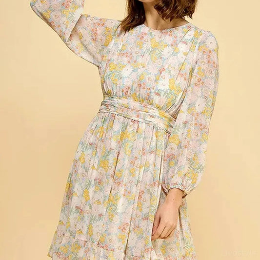 Floral Print Chiffon Belted Dress with Chic Back Zipper Deta — square view — Livostyle