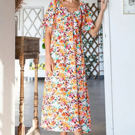 Floral Print Sweetheart Neck Tie Front Midi Dress — square view — Livostyle