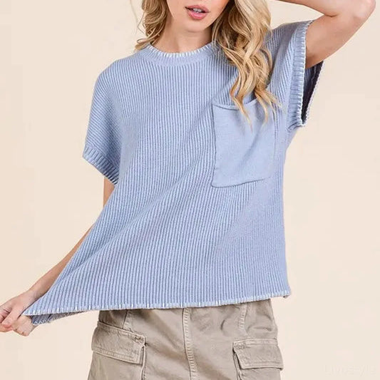 Solid Cap Sleeve Stitch Edge Knit Sweater — square view — Livostyle