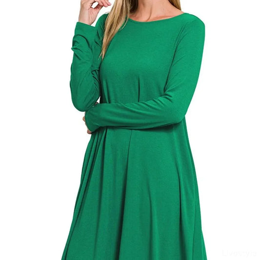 Long-Sleeve Flare Dress with Pockets — square view — Livostyle