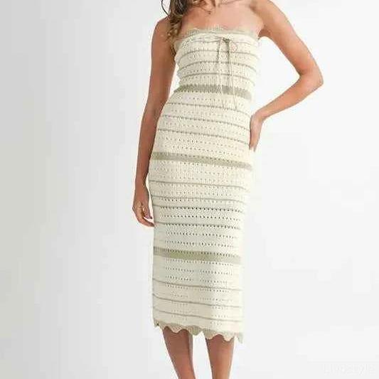 Contrast Striped Crochet Knit Midi Dress — square view — Livostyle