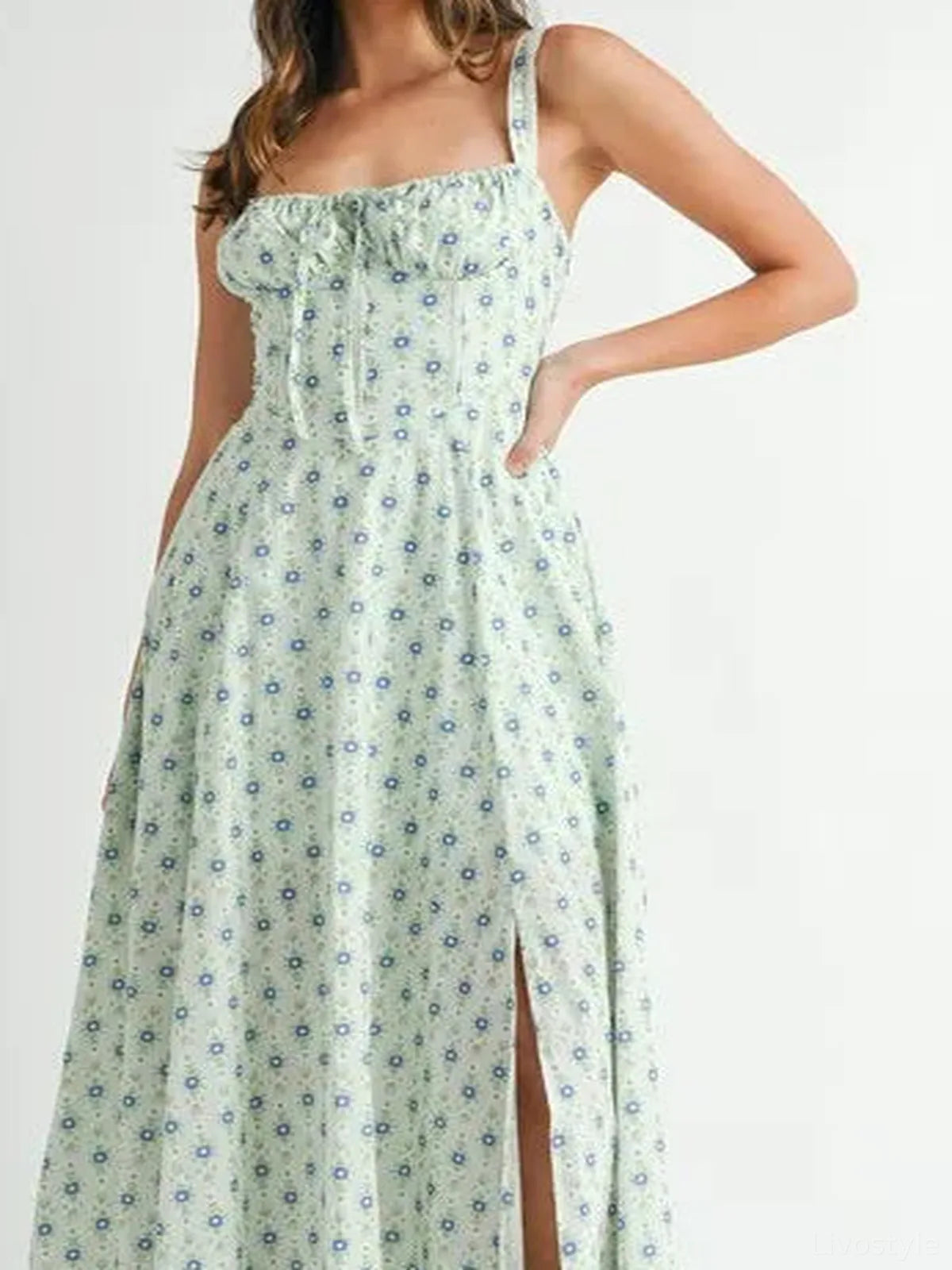 Floral Print Bustier Back Lace Up Midi Dress — detail view — Livostyle