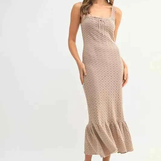 Ruffled Hem Sleeveless Crochet Knit Midi Dress