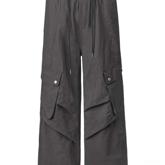 Dark Gray Cropped Drawstring Men's Wide Leg Cargo Pants — square view — Livostyle