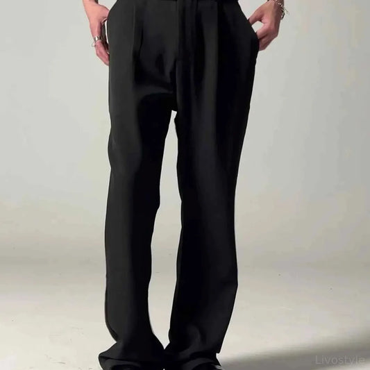 Black Belted Men's Pleated Wide Leg Dress Pants — square view — Livostyle