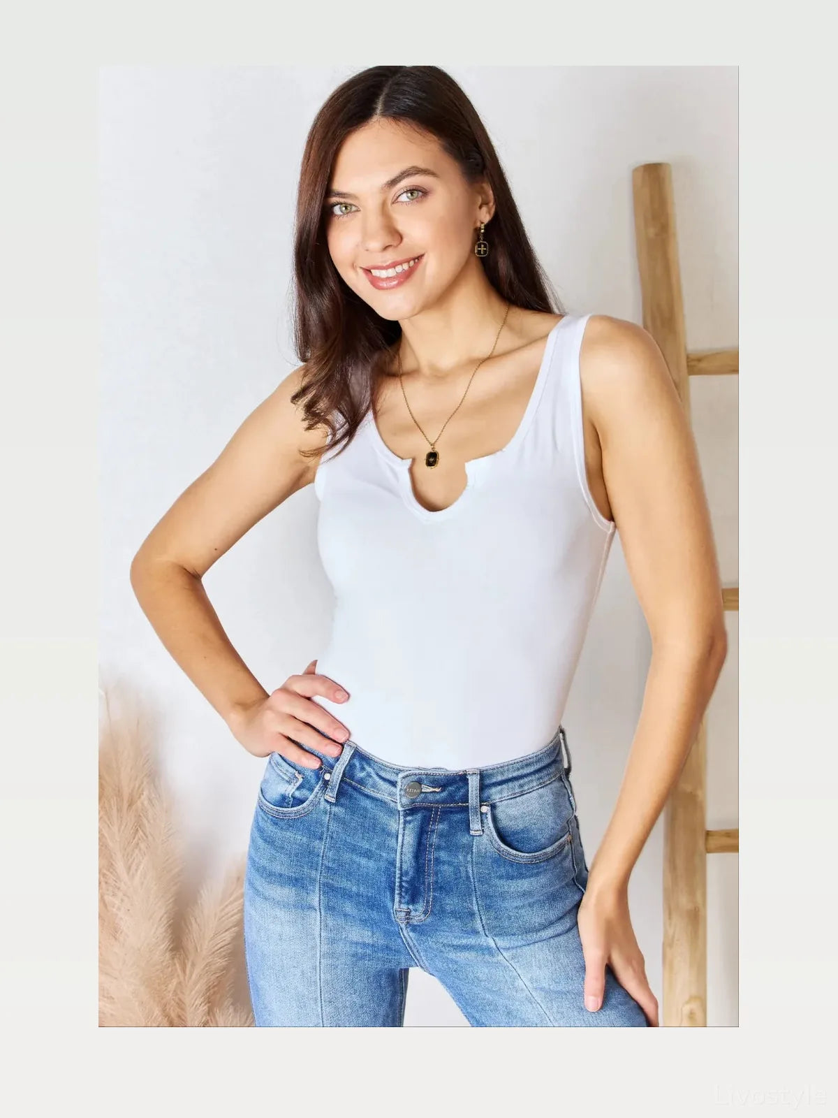 Notched Neck Microfiber Sleeveless Bodysuit — styled showcase — Livostyle
