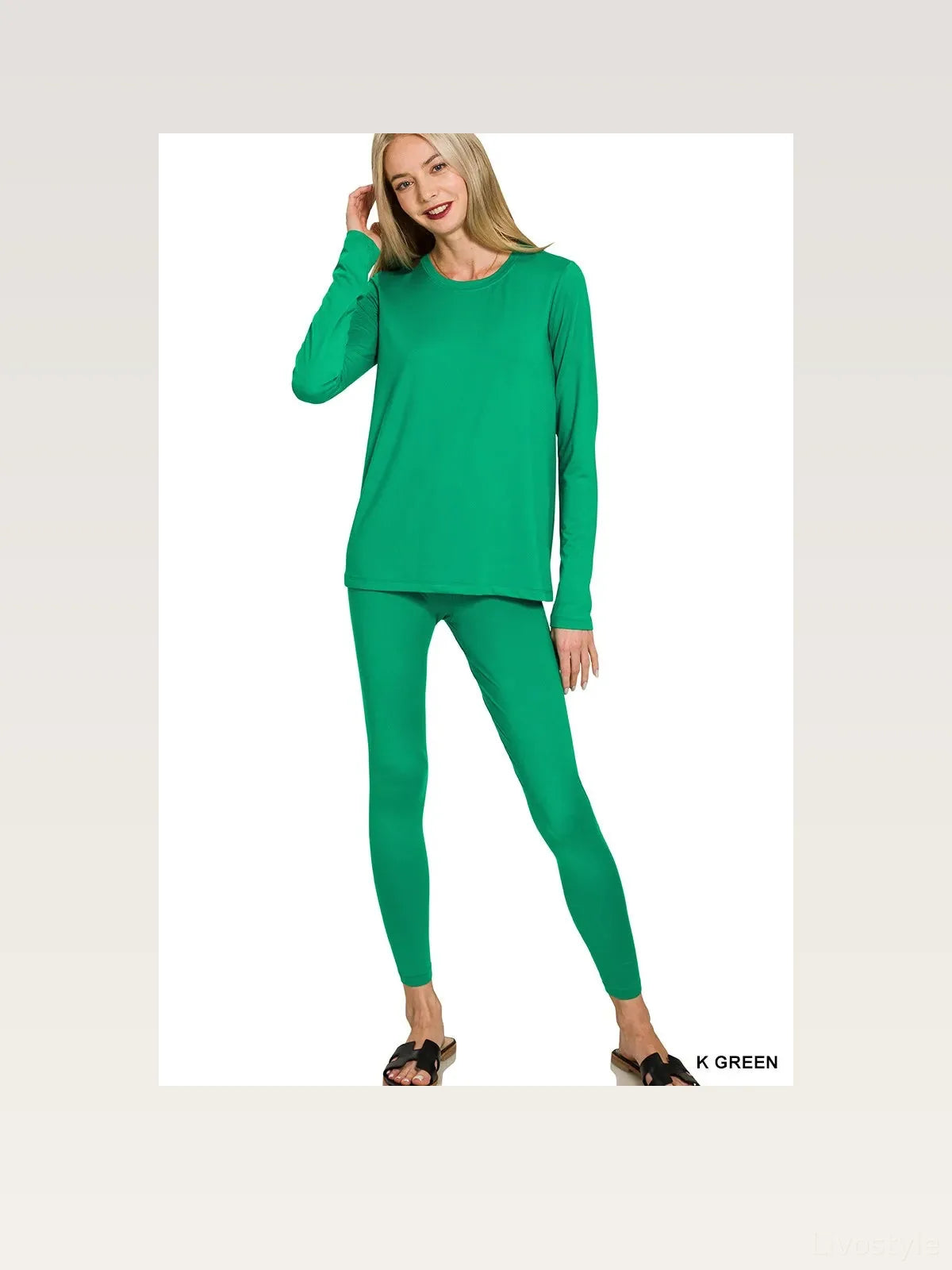 Microfiber Round Neck Top and Leggings Set in K GREEN — styled showcase — Livostyle