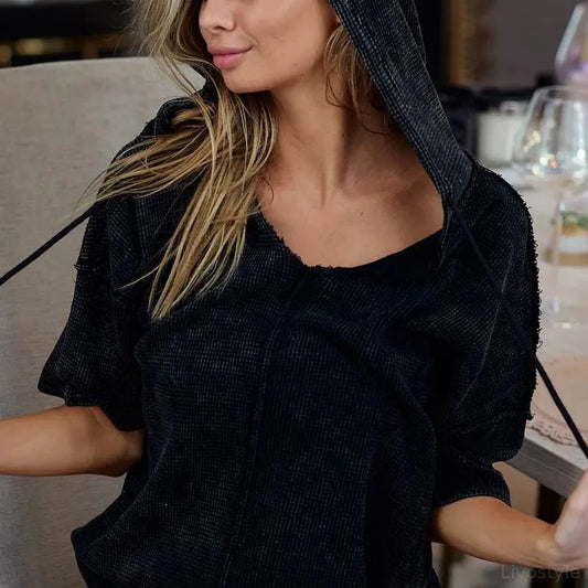 Trendy Mineral-Washed Short Sleeve Hoodie for Casual Style — square view — Livostyle