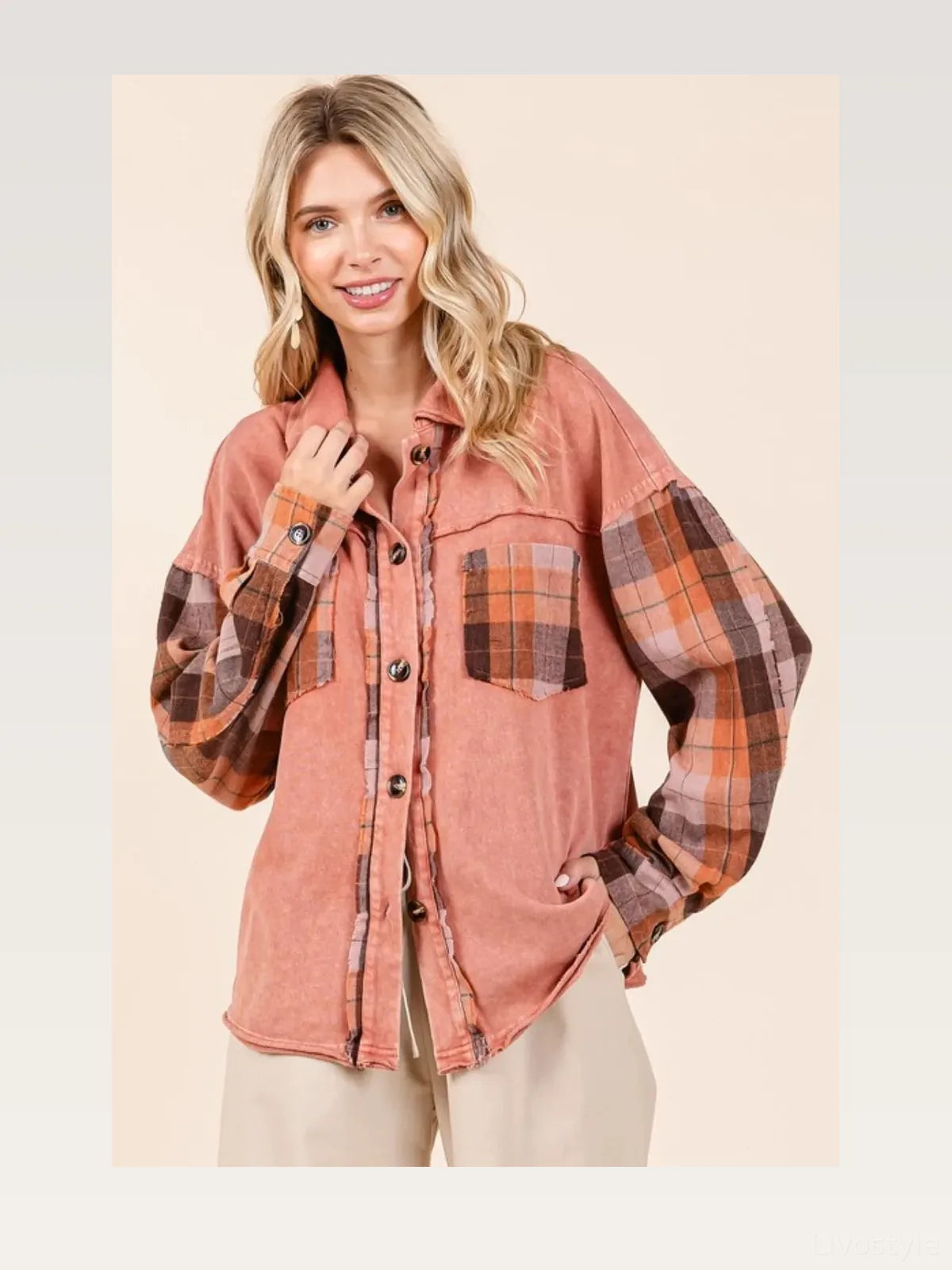 Button Down Contrast Plaid Patchwork Shacket — styled showcase — Livostyle