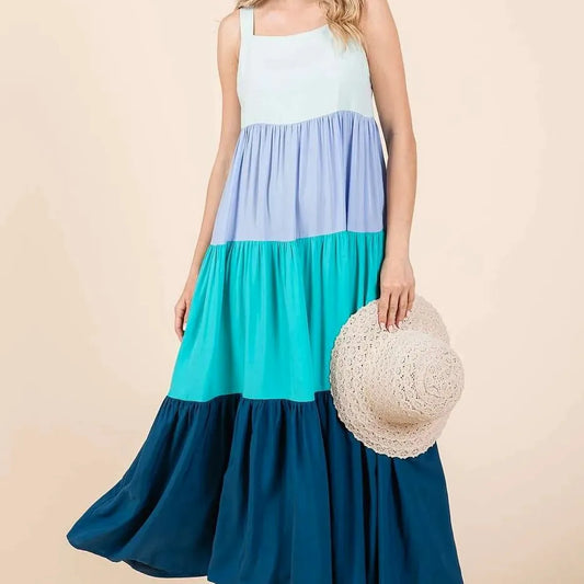 Color Block Tiered Pull-On Maxi Dress — square view — Livostyle
