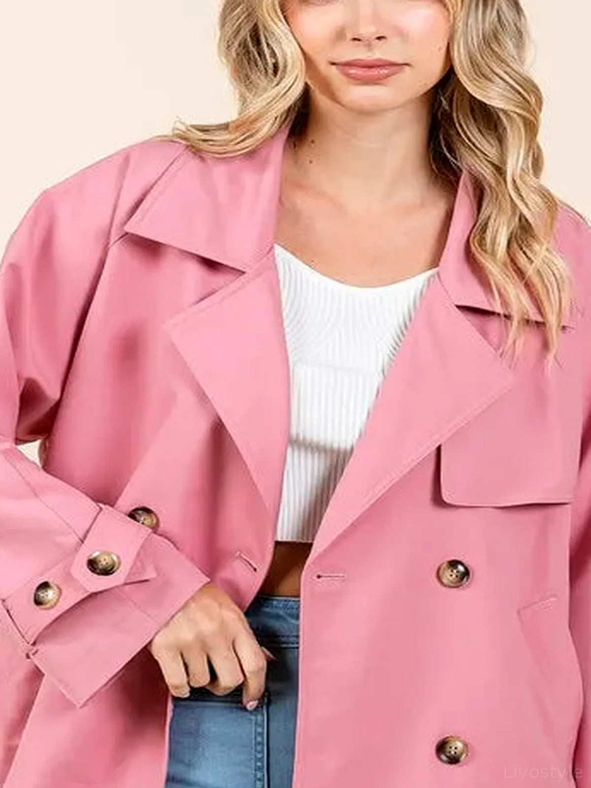Double Breasted Long Sleeve Trench Coat Jacket — detail view — Livostyle
